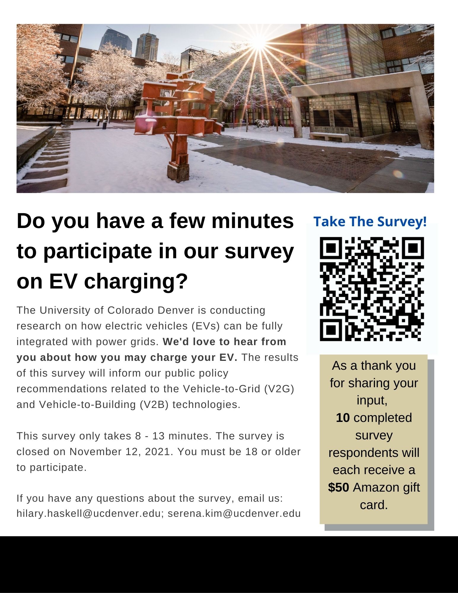 Do you have a few minutes for a UC Denver survey on EV charging and V2G?